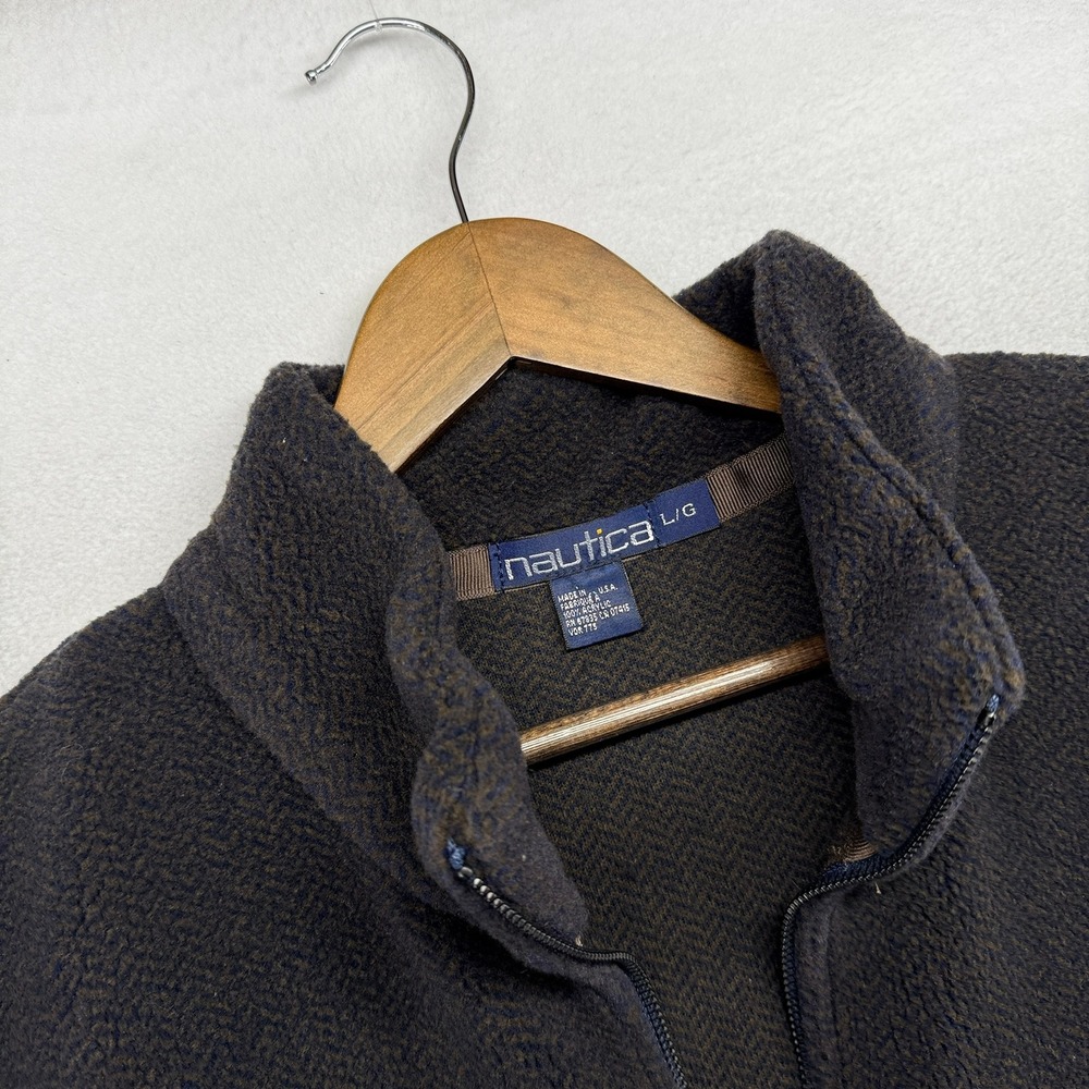 Vintage Nautica Fleece Sweater Mens Large Brown Blue Quarter Zip USA made 90s